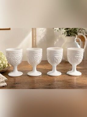 Set of 4 Vintage Indiana Glass Harvest Grape Milk Glass Goblets | White Pedestal